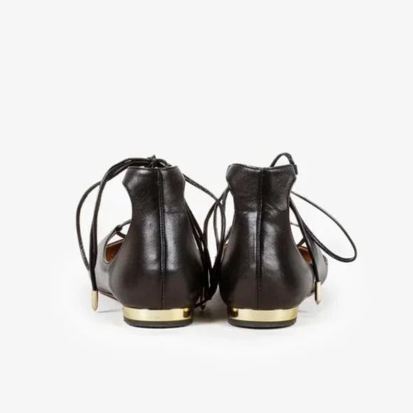 Aquazurra Christie Black Pointed Toe Leather Lace-Up Flats - Picture 3 of 10
